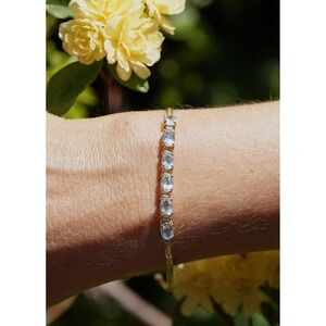 Vintage 14k Solid Yellow Gold Natural Sky Blue Topaz Tennis Bracelet - Oval